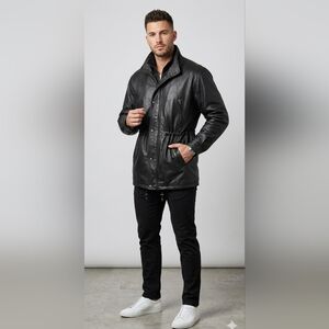 Vtg Black Leather Cinch Waist Jacket Great Seal of the State of Oklahoma XXL